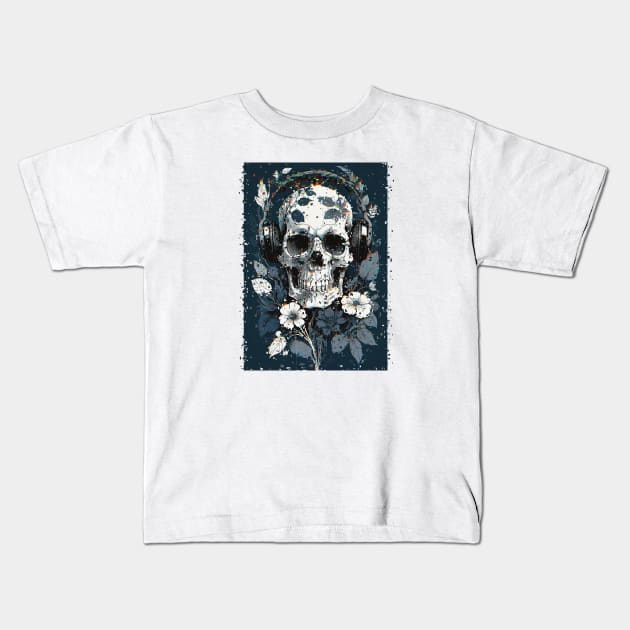 Skull with Headphones and Flowers Glitch Art Kids T-Shirt by TotoBeibee